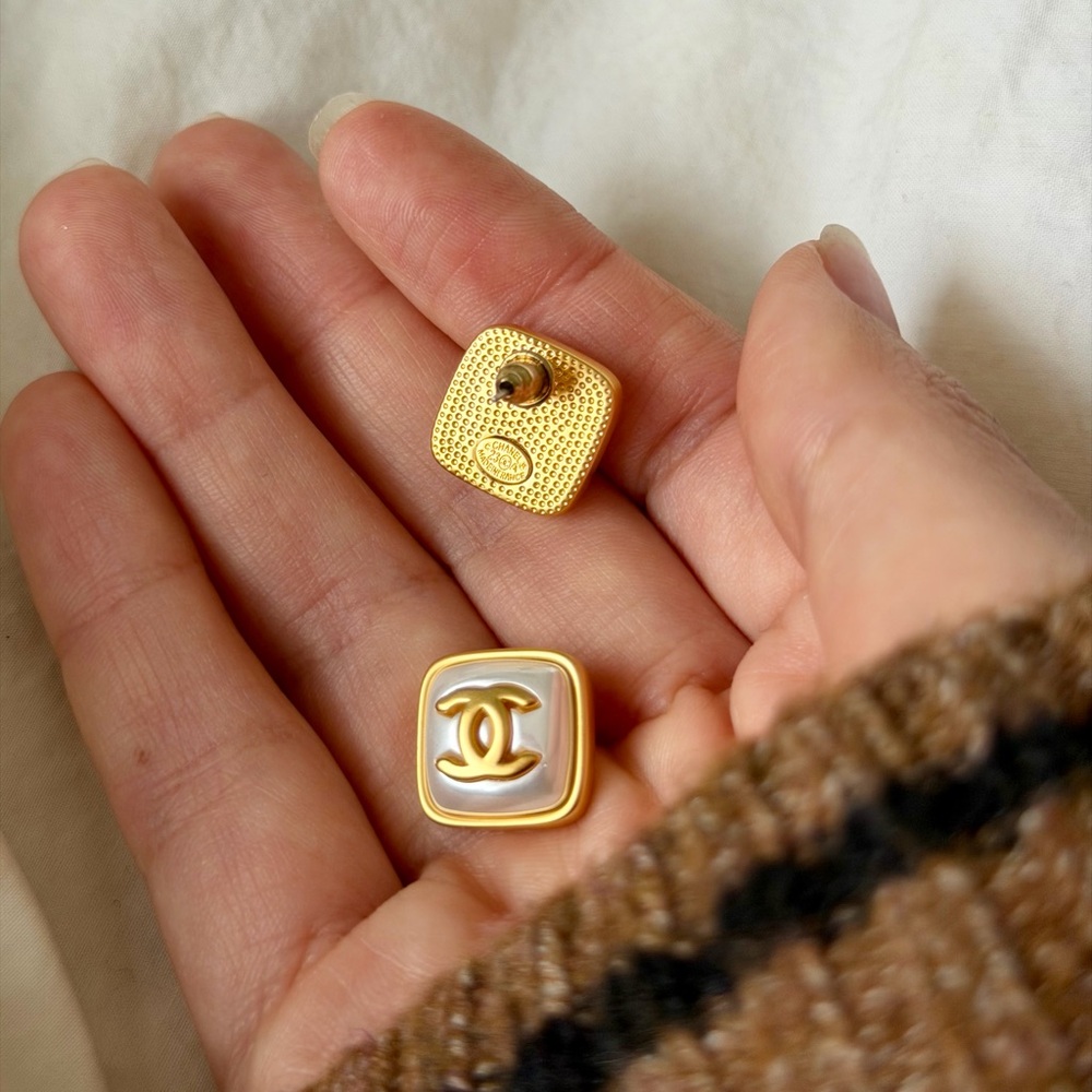 CHANEL Gold and Cream Square Earrings - Picture 6 of 15